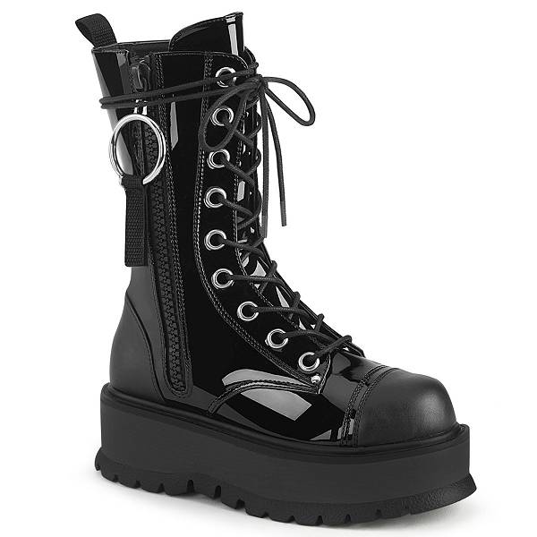 Demonia Women's Slacker-220 Platform Mid Calf Boots - Black Vegan Leather D1024-83US Clearance